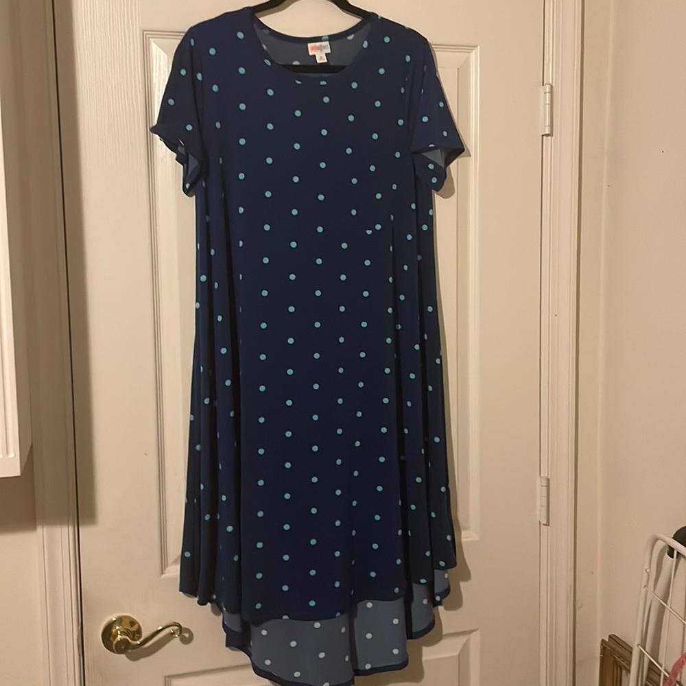 LuLaRoe M Carly Dress in Blue with Turquoise Polka Dots - Picture 1 of 1